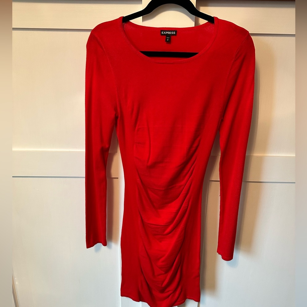 Red Sweater Dress - XS, Express. Ruched detailing on bottom.